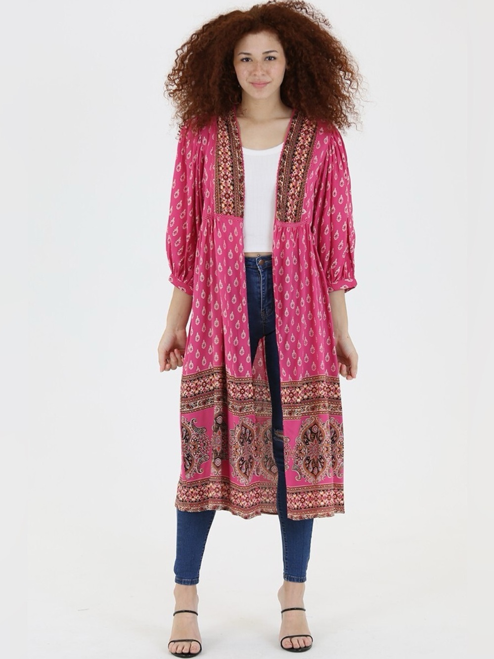 Angie Boho Paisley Crochet Poet Sleeve Duster Jacket Pink